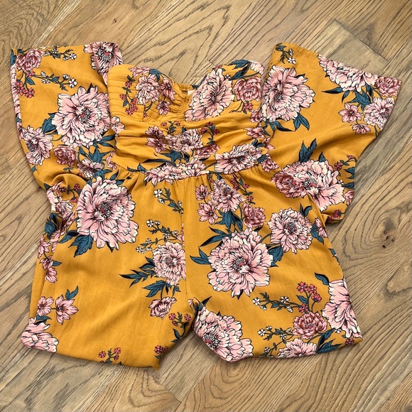 Boho! [band of gypsies] Yellow Pink Teal Floral Strapless Wide Leg Jumpsuit | XS - Picture 3 of 10